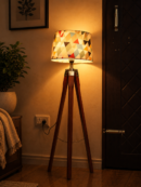 Decorative Wooden Tripod Floor Lamp with Geometric Fabric Shade
