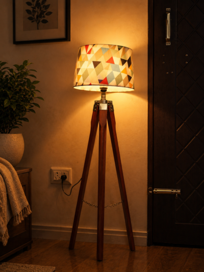 Decorative Wooden Tripod Floor Lamp with Geometric Fabric Shade