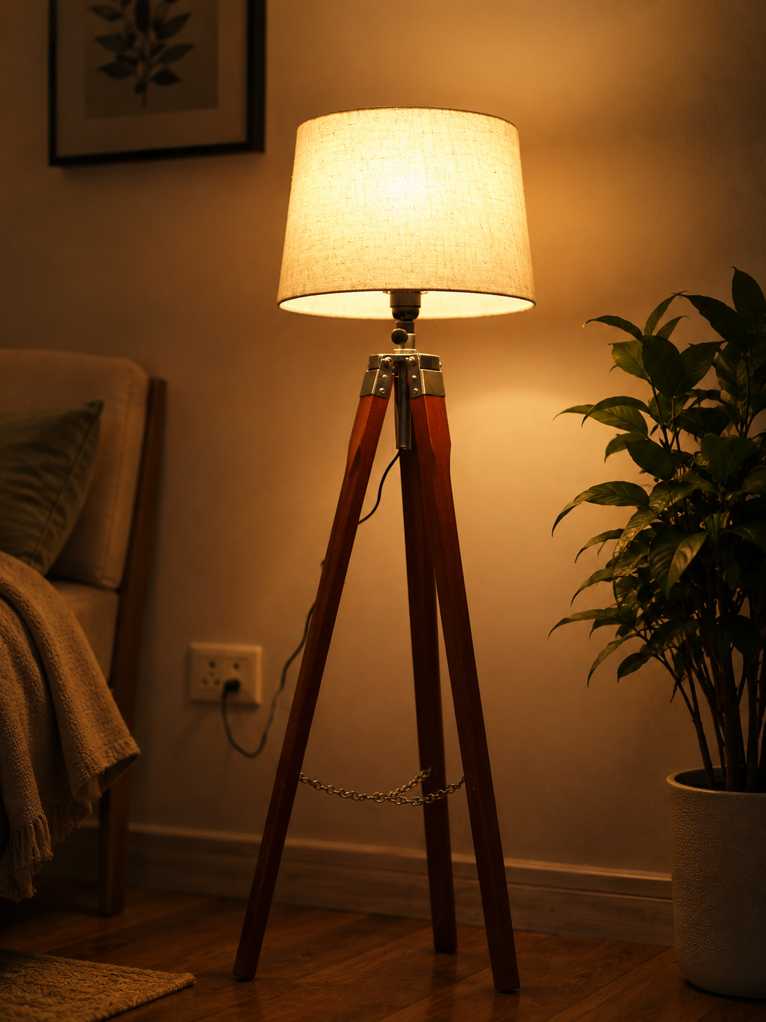 Rustic Wooden Tripod Floor Lamp with Fabric Drum Shade