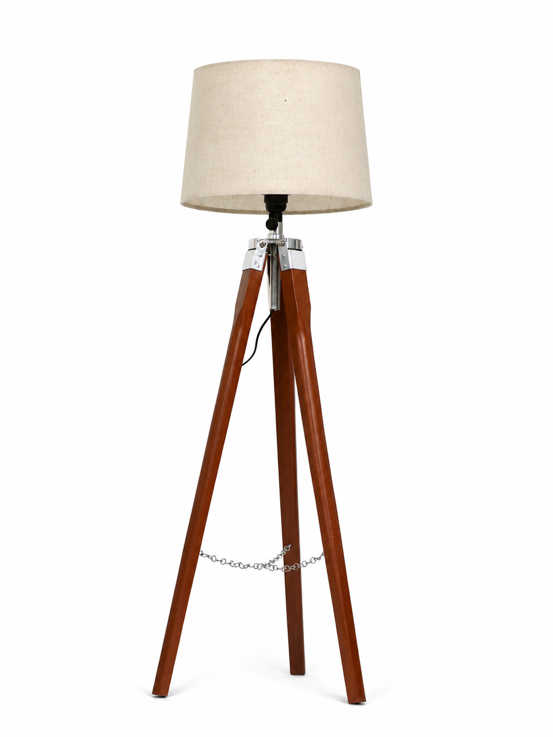 Rustic Wooden Tripod Floor Lamp with Fabric Drum Shade - Image 2